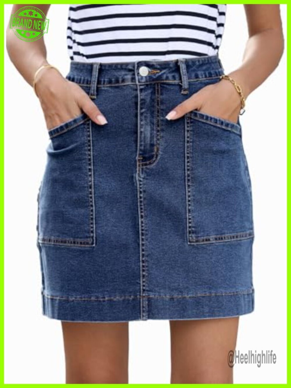 High Waisted Denim Jean Skirt with Pockets Cotton Blend A-Line Knee Length